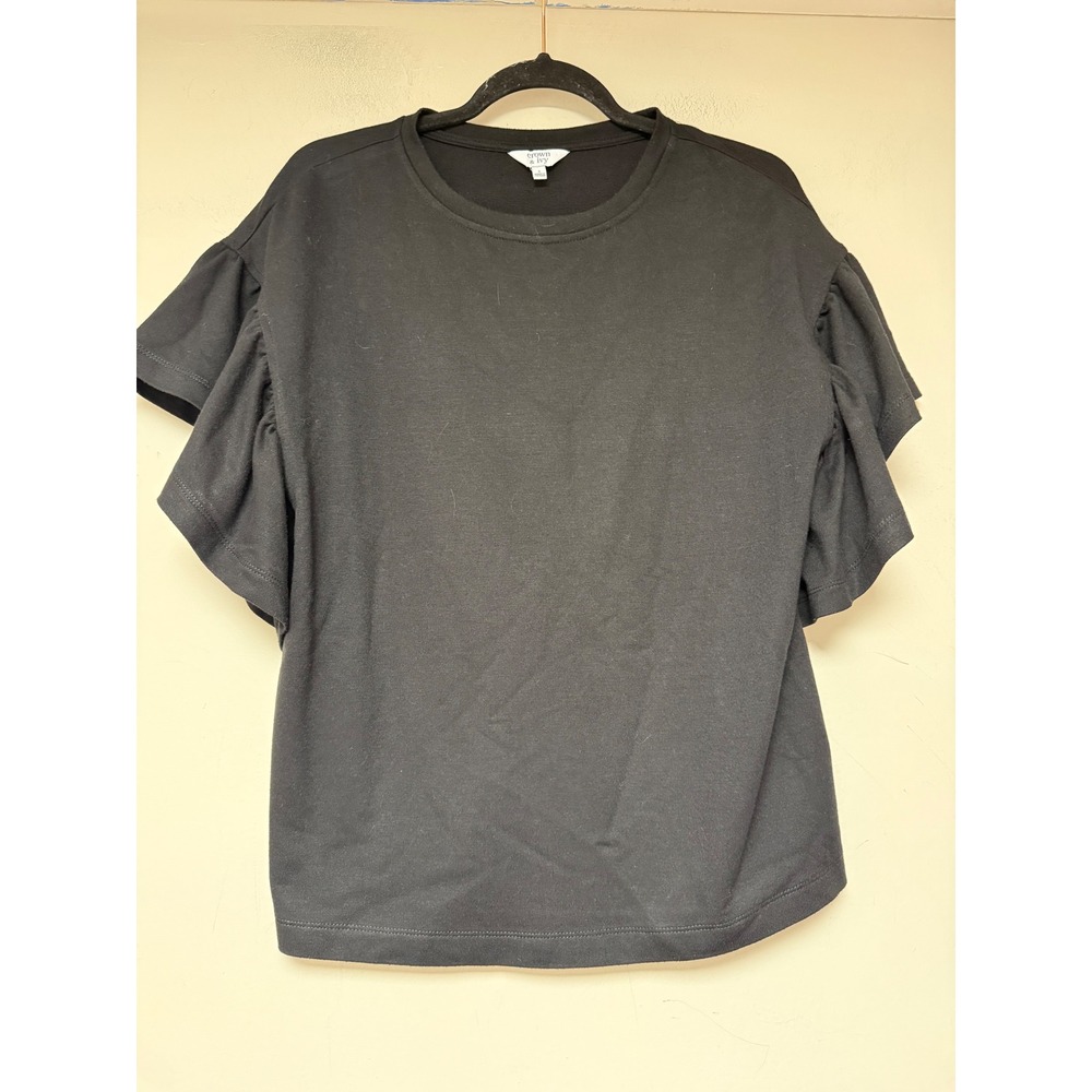 Crown & Ivy Ruffle Sleeve Top Womens Small Black Excellent Tiered Knit Tee